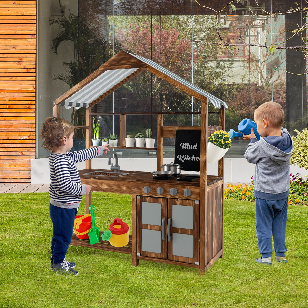 Kid's Mud Kitchen Outdoor Solid Wood Mud Kitchen with Canopy-Natural view 6