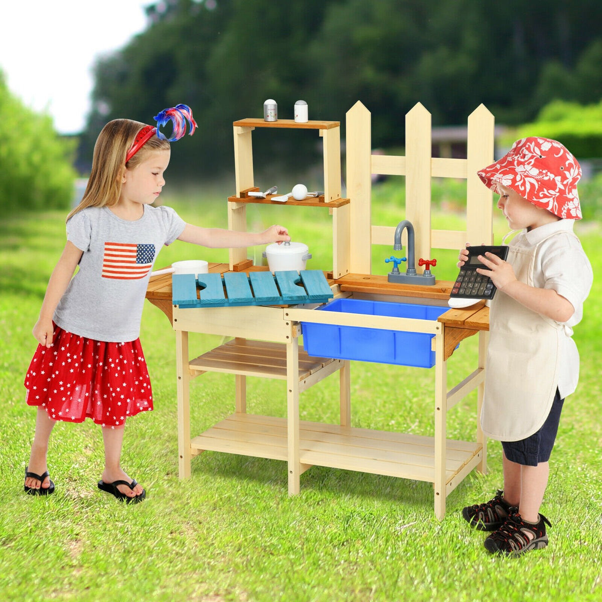 Kid's Outdoor Wooden Pretend Cook Kitchen Playset Toy view 2