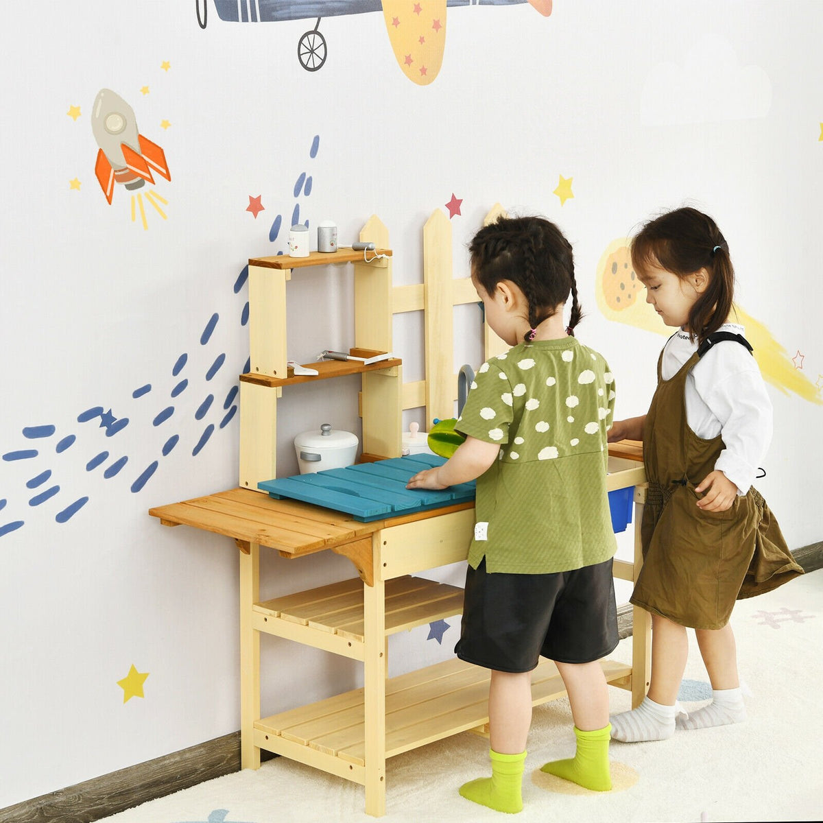 Kid's Outdoor Wooden Pretend Cook Kitchen Playset Toy view 3