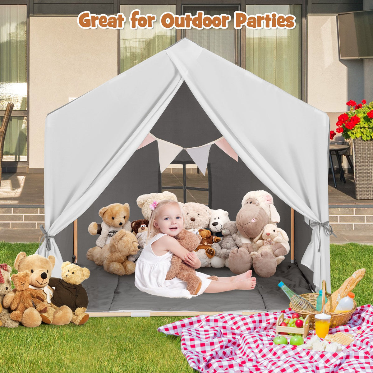 Kid's Play Tent with Washable Cotton Mat and Flag Banner-Gray view 2