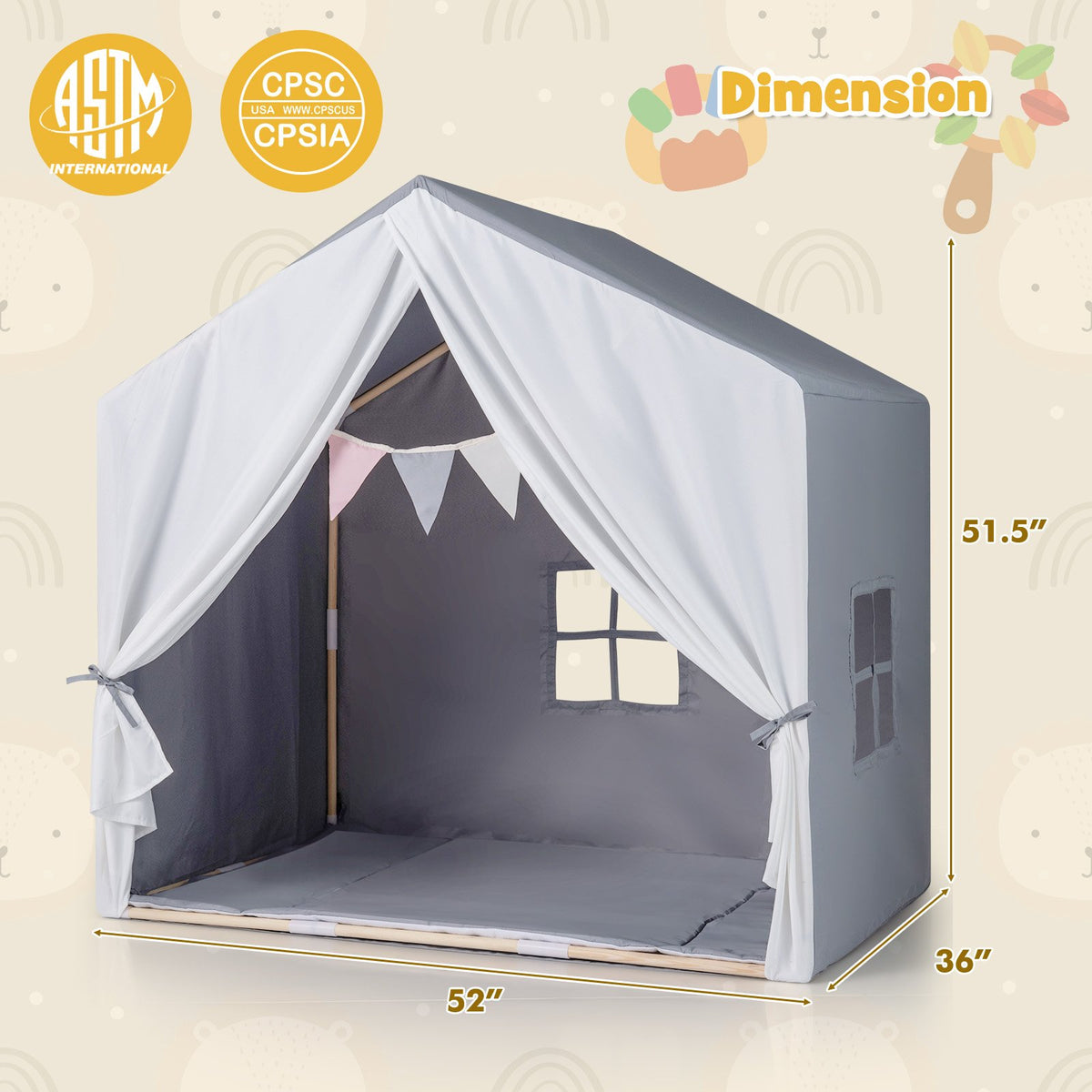 Kid's Play Tent with Washable Cotton Mat and Flag Banner-Gray view 3