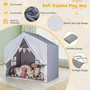 Kid's Play Tent with Washable Cotton Mat and Flag Banner-Gray view 4