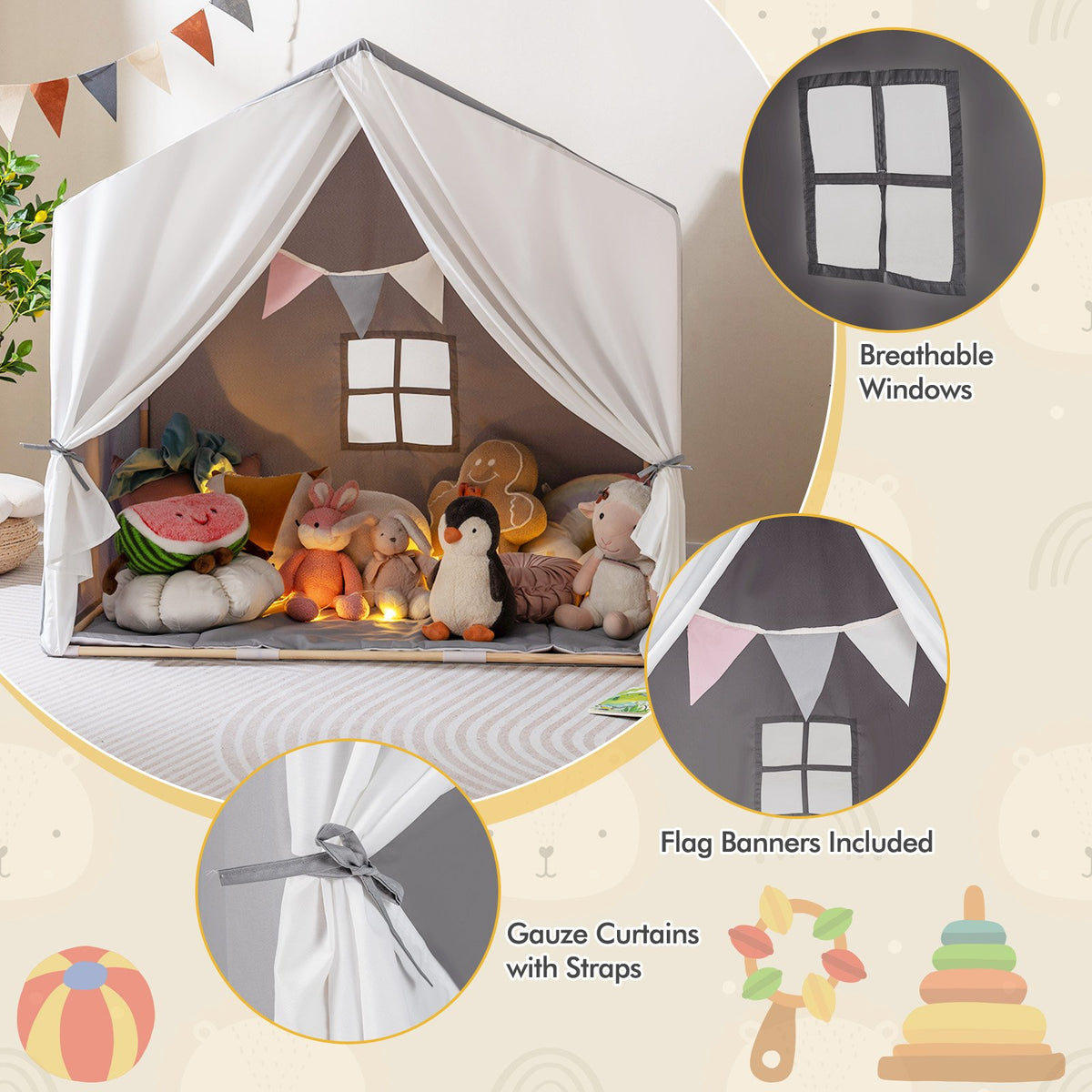 Kid's Play Tent with Washable Cotton Mat and Flag Banner-Gray view 6