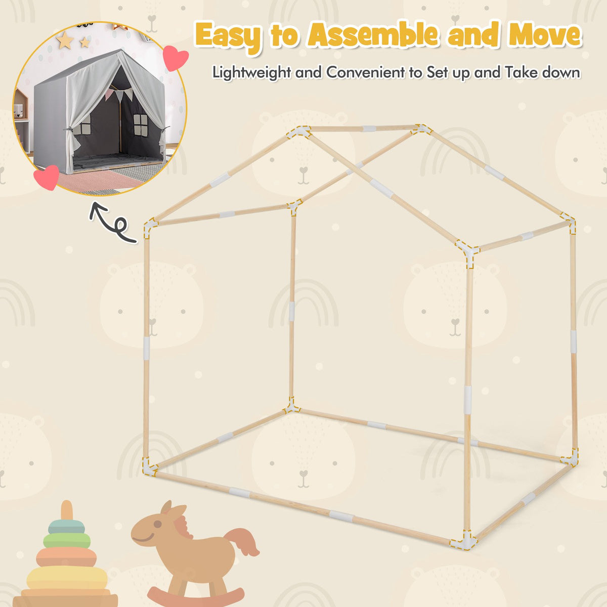 Kid's Play Tent with Washable Cotton Mat and Flag Banner-Gray view 7