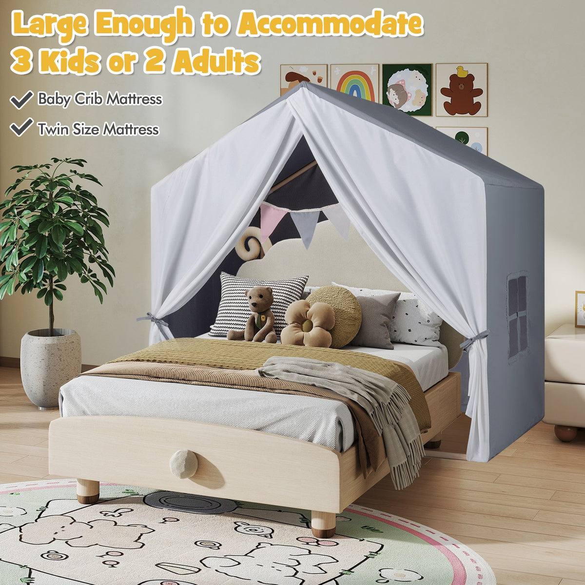 Kid's Play Tent with Washable Cotton Mat and Flag Banner-Gray view 9