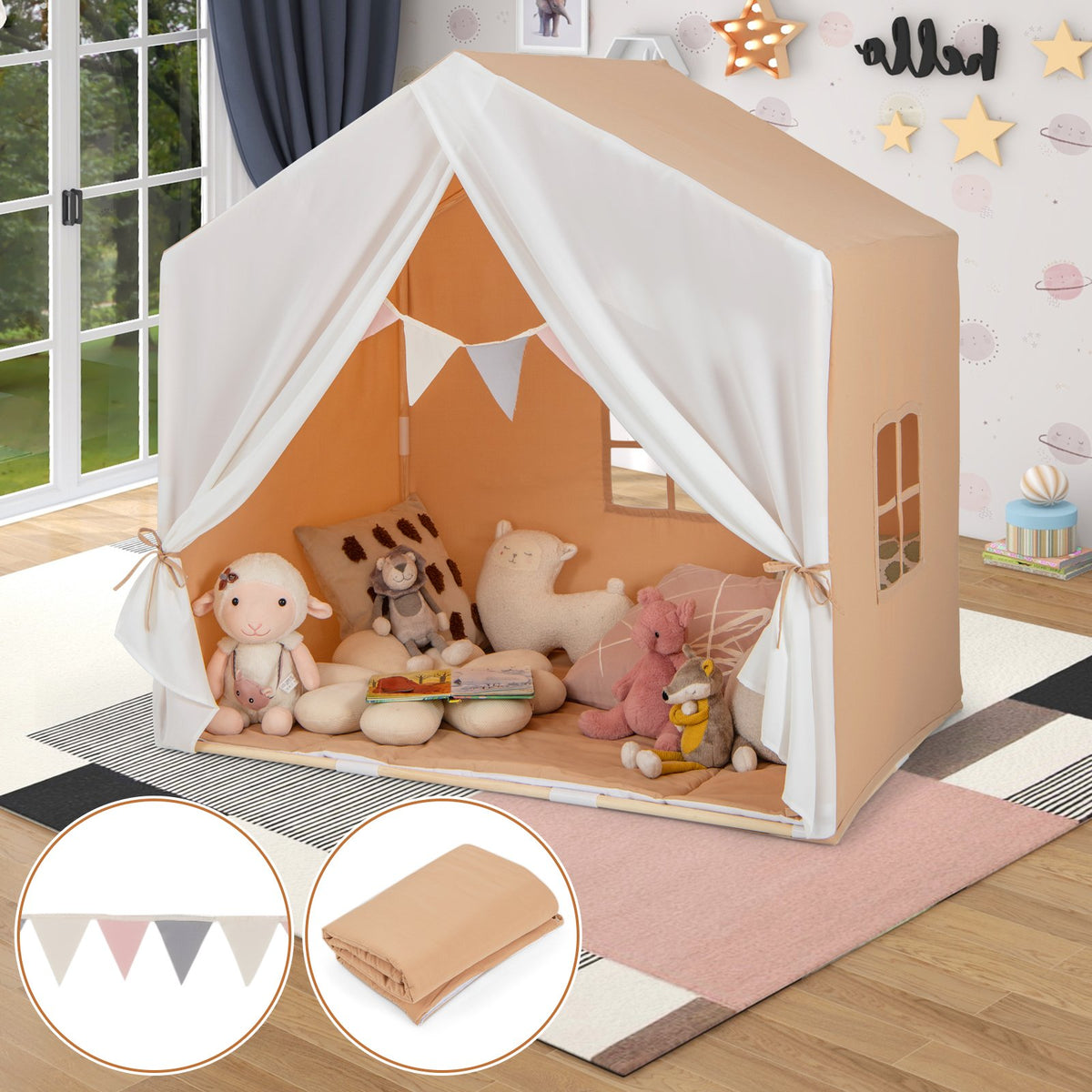 Kid's Play Tent with Washable Cotton Mat and Flag Banner-Orange view 3