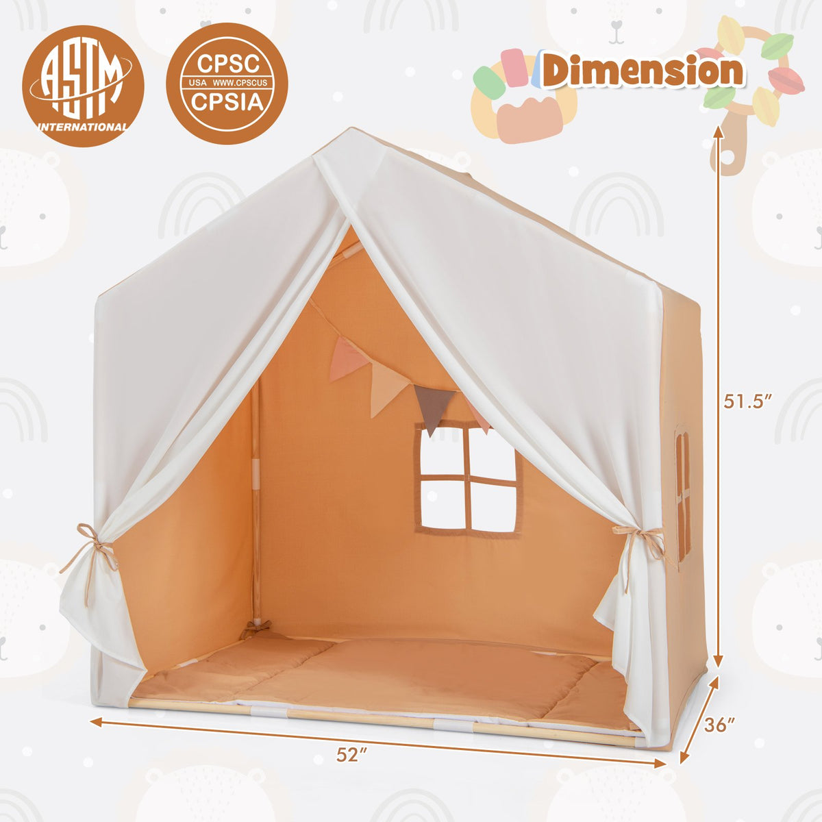 Kid's Play Tent with Washable Cotton Mat and Flag Banner-Orange view 4