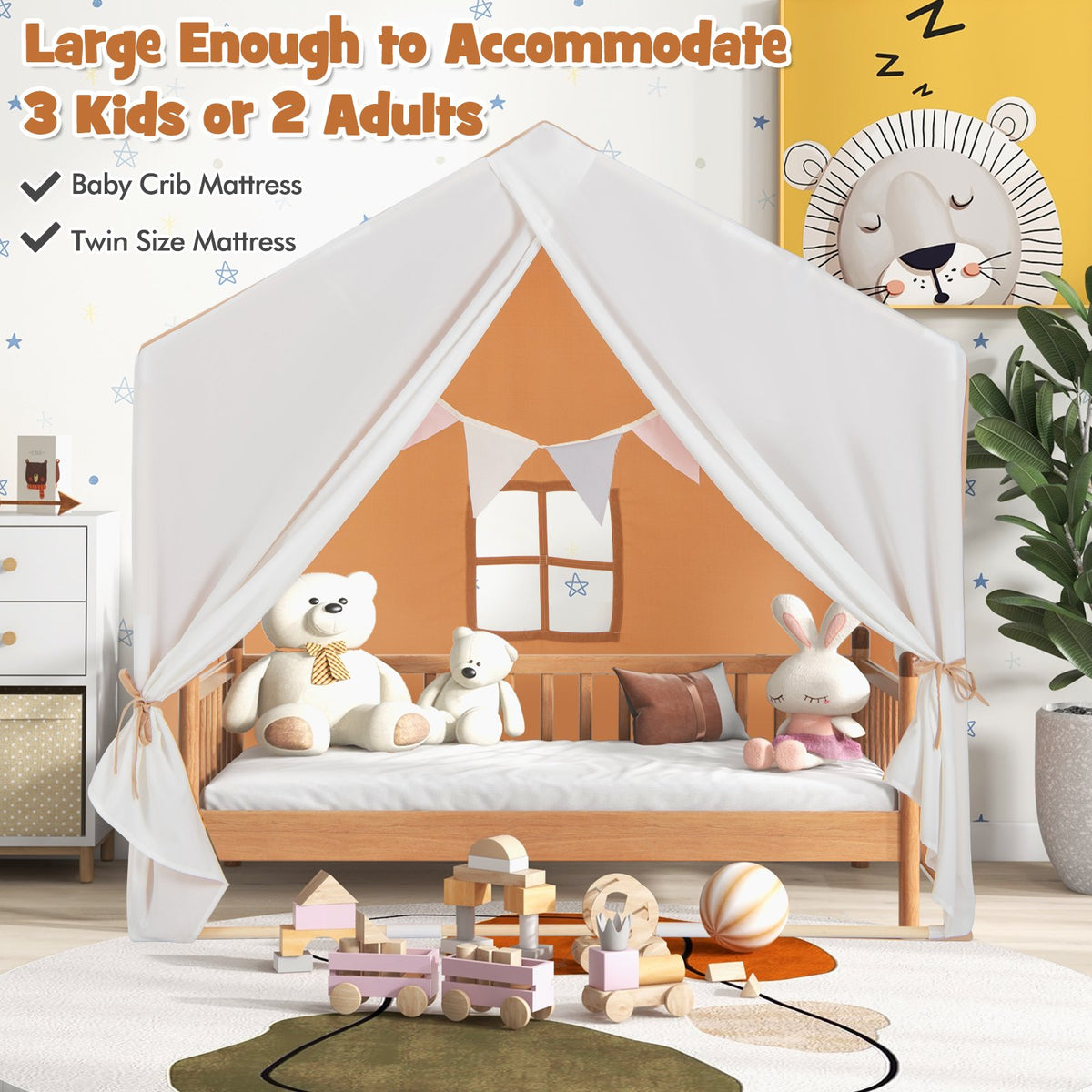 Kid's Play Tent with Washable Cotton Mat and Flag Banner-Orange view 9