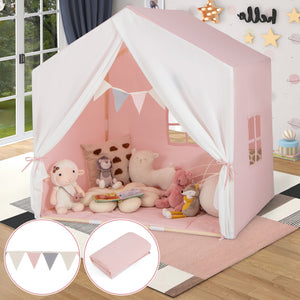 Kid's Play Tent with Washable Cotton Mat and Flag Banner-Pink view 3