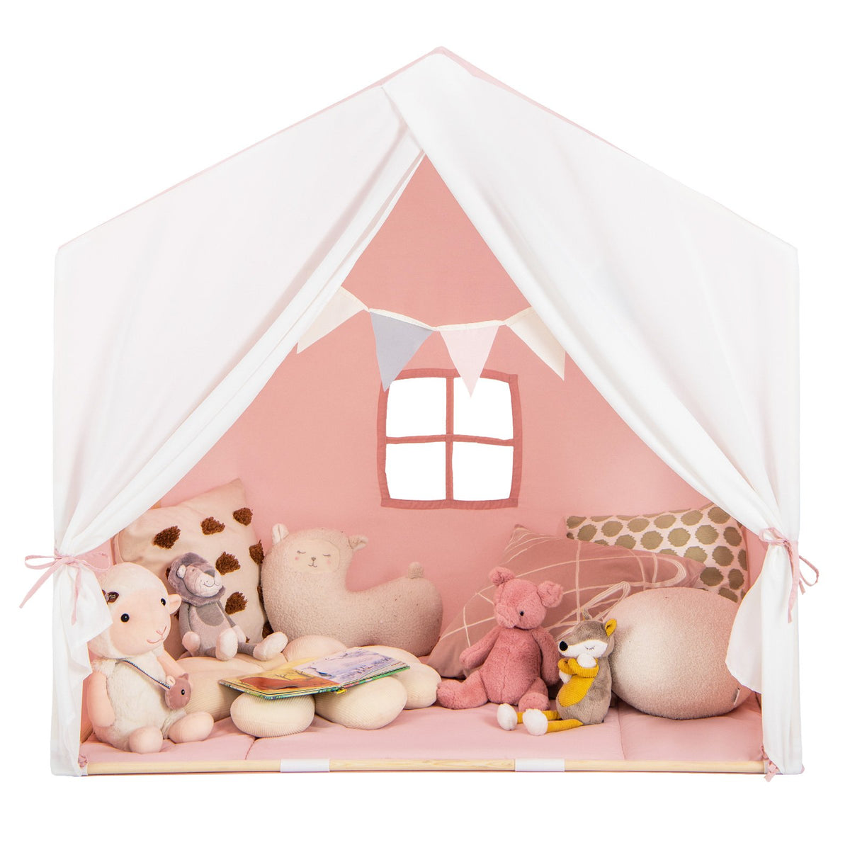 Kid's Play Tent with Washable Cotton Mat and Flag Banner-Pink view 4