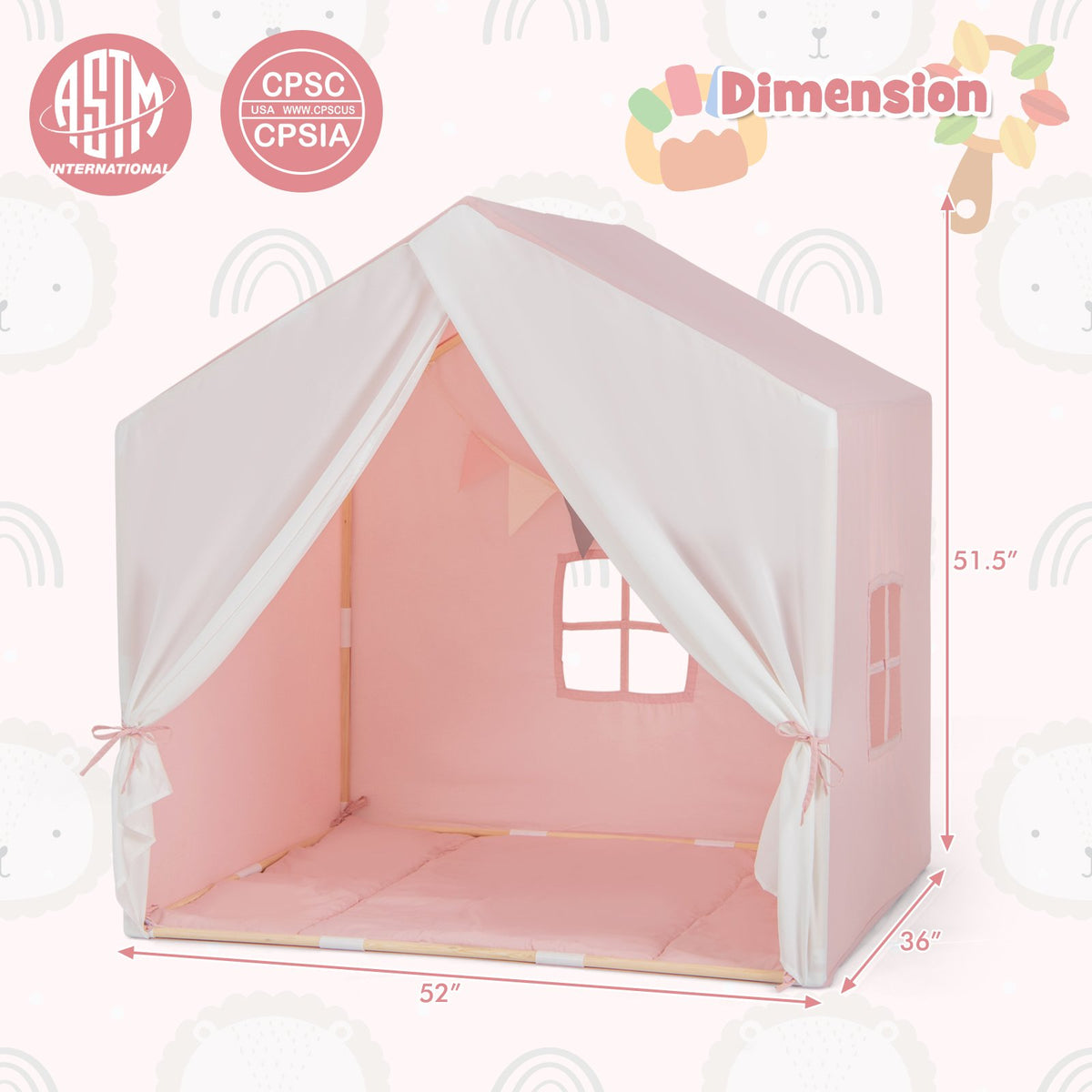 Kid's Play Tent with Washable Cotton Mat and Flag Banner-Pink view 5