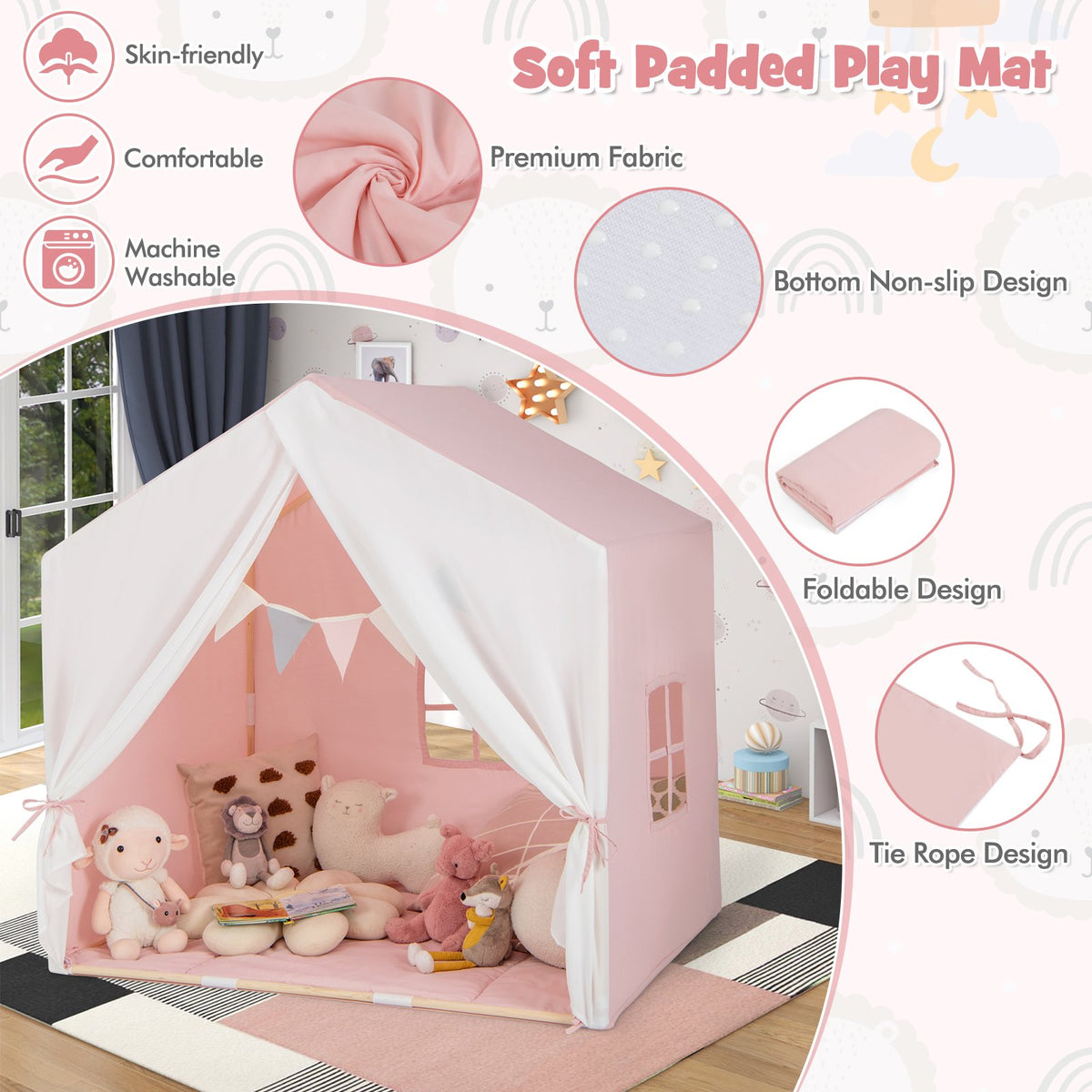 Kid's Play Tent with Washable Cotton Mat and Flag Banner-Pink view 6