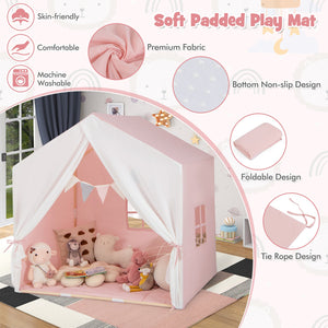 Kid's Play Tent with Washable Cotton Mat and Flag Banner-Pink view 6
