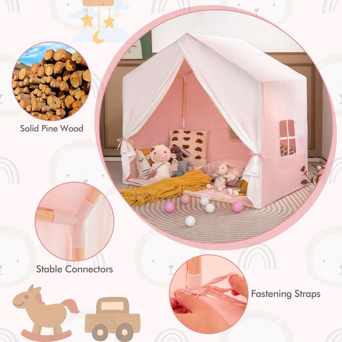 Kid's Play Tent with Washable Cotton Mat and Flag Banner-Pink view 7