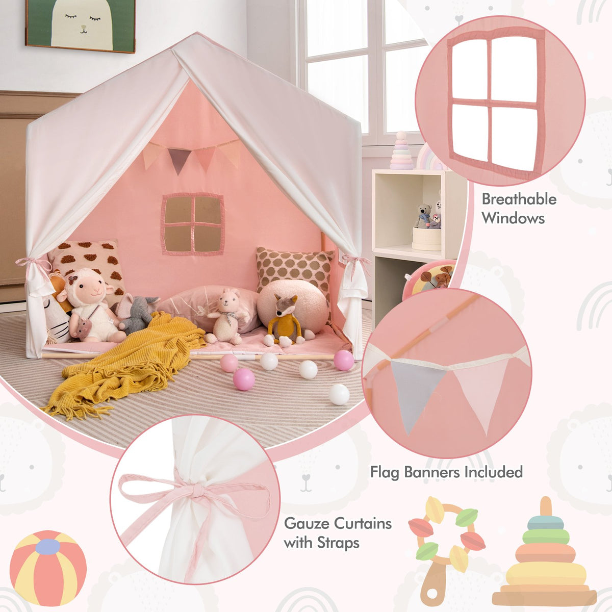 Kid's Play Tent with Washable Cotton Mat and Flag Banner-Pink view 8