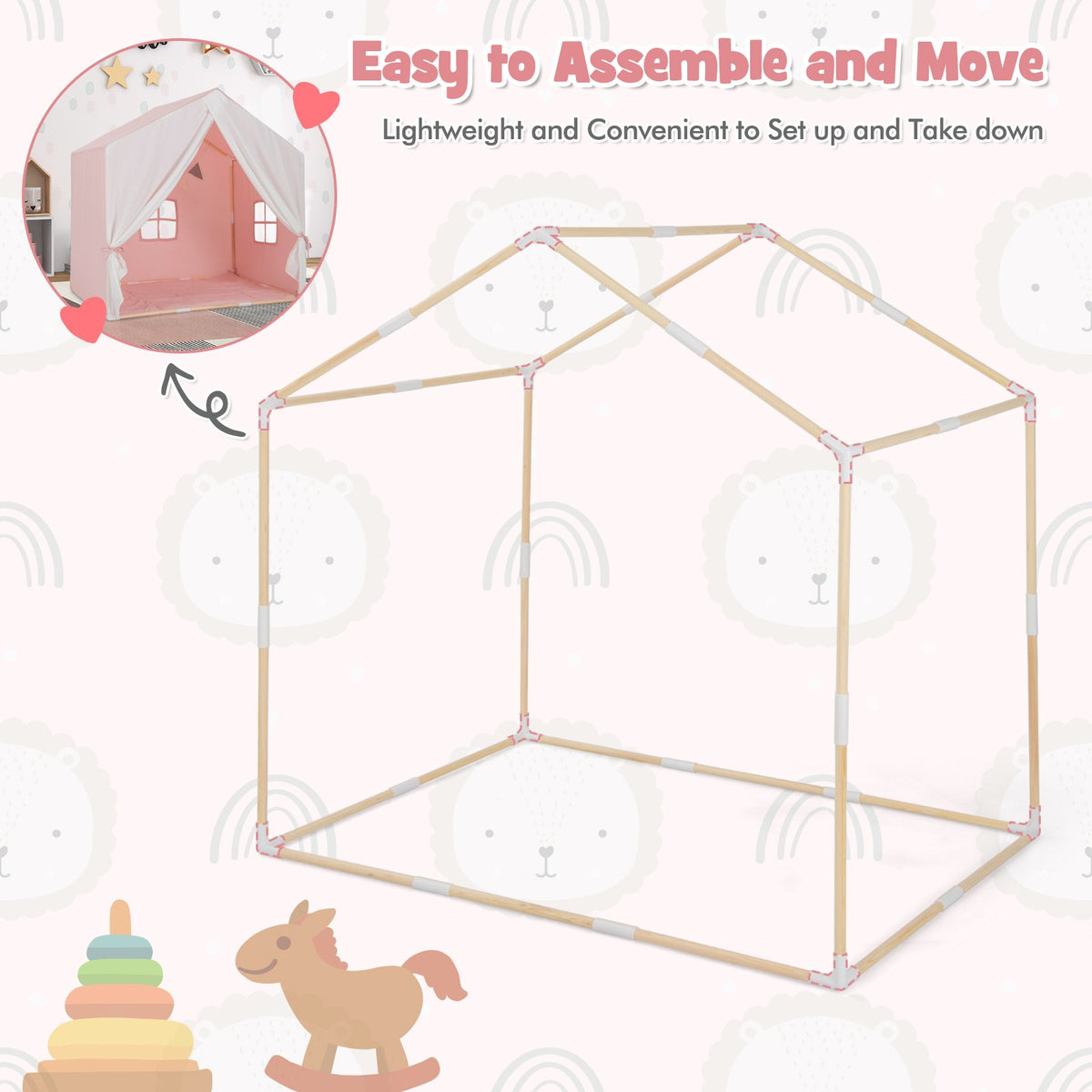 Kid's Play Tent with Washable Cotton Mat and Flag Banner-Pink view 9