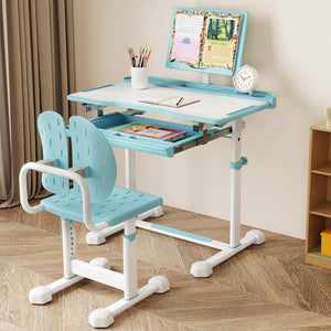 Kid's Study Desk and Chair Set with Tilt Desktop and Book Stand-Blue view 2