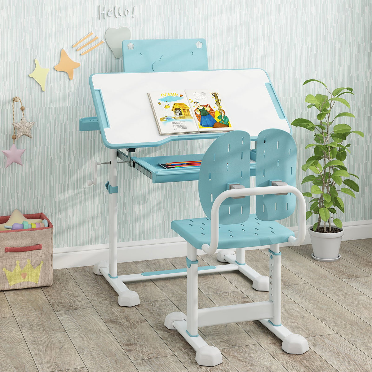 Kid's Study Desk and Chair Set with Tilt Desktop and Book Stand-Blue view 3