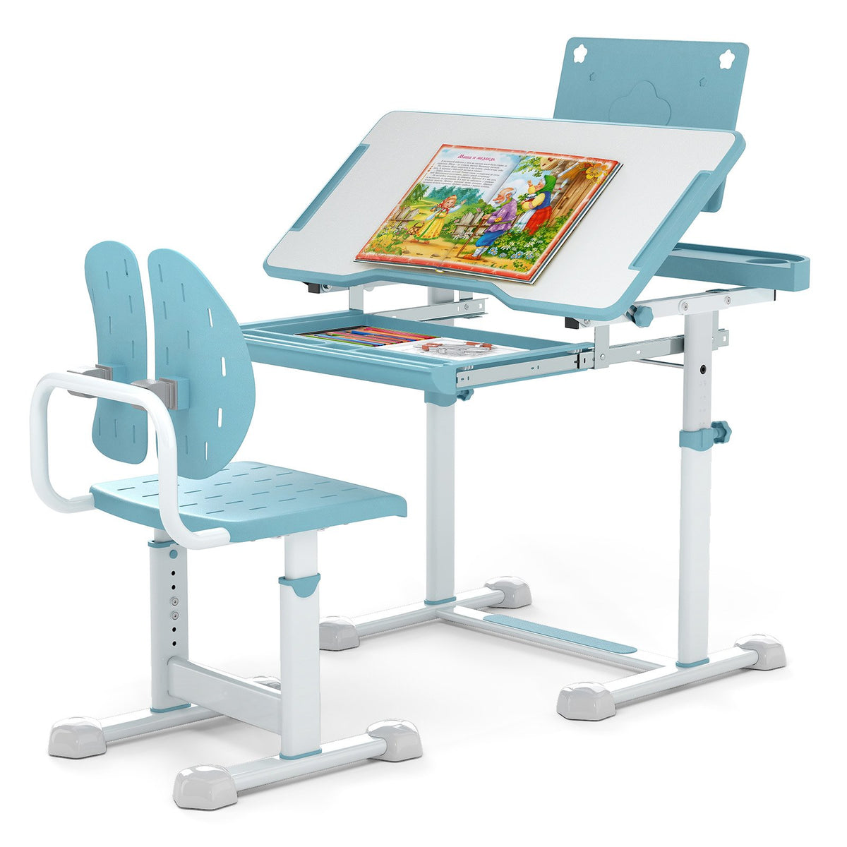 Kid's Study Desk and Chair Set with Tilt Desktop and Book Stand-Blue view 4