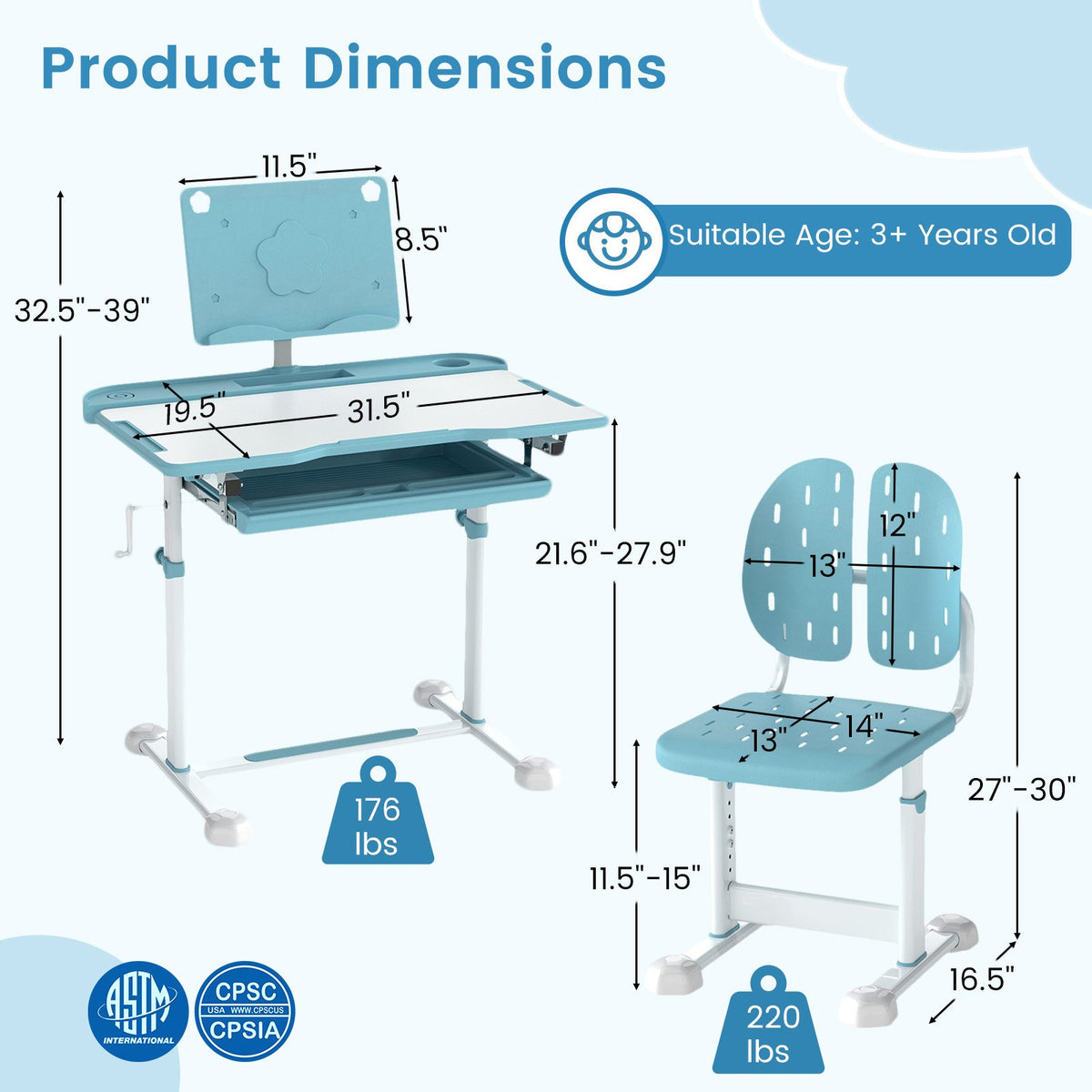 Kid's Study Desk and Chair Set with Tilt Desktop and Book Stand-Blue view 5