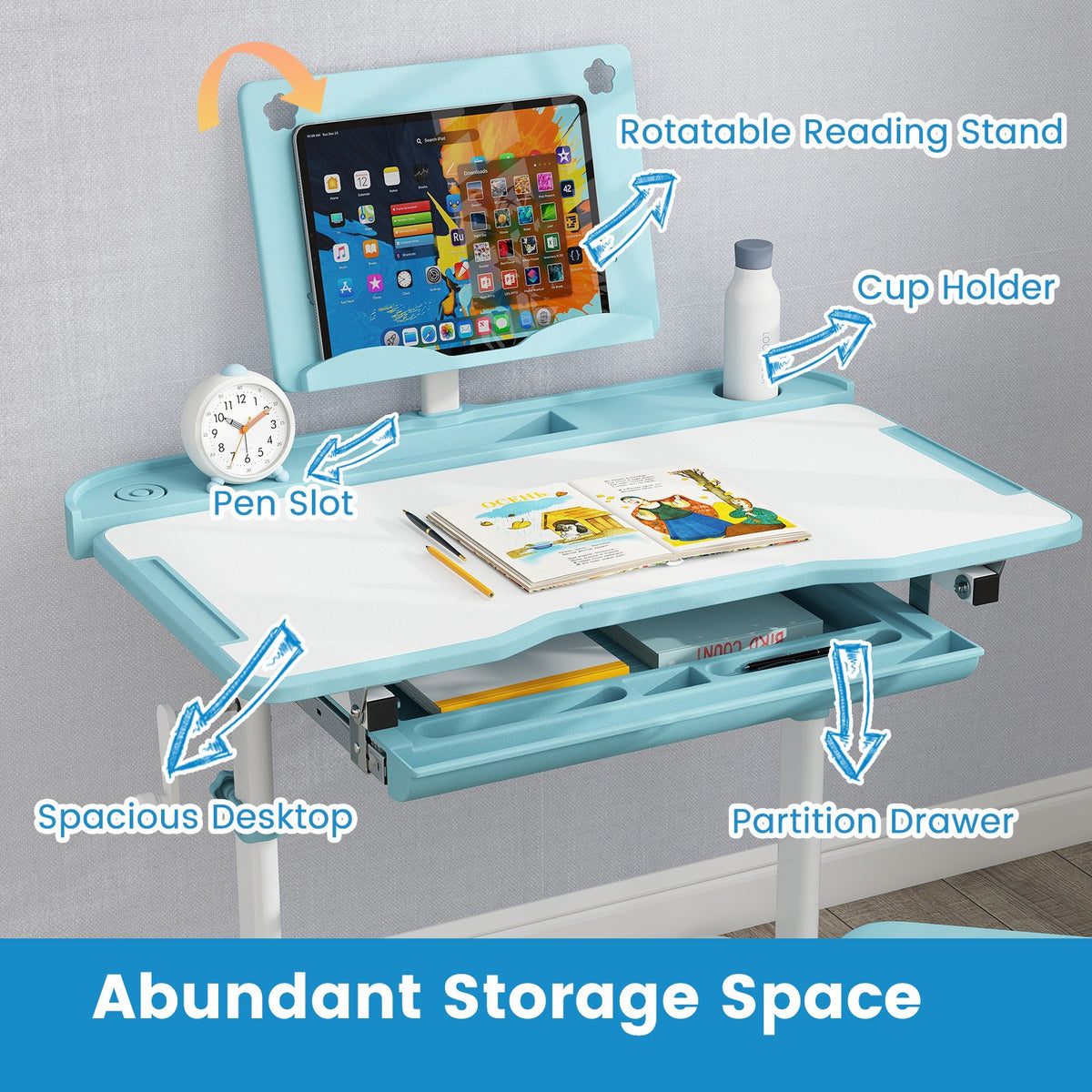 Kid's Study Desk and Chair Set with Tilt Desktop and Book Stand-Blue view 8