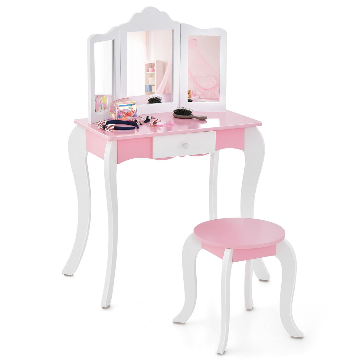 Kid's Wooden Vanity Table and Stool Set, with 3-Panel Acrylic Mirror-White