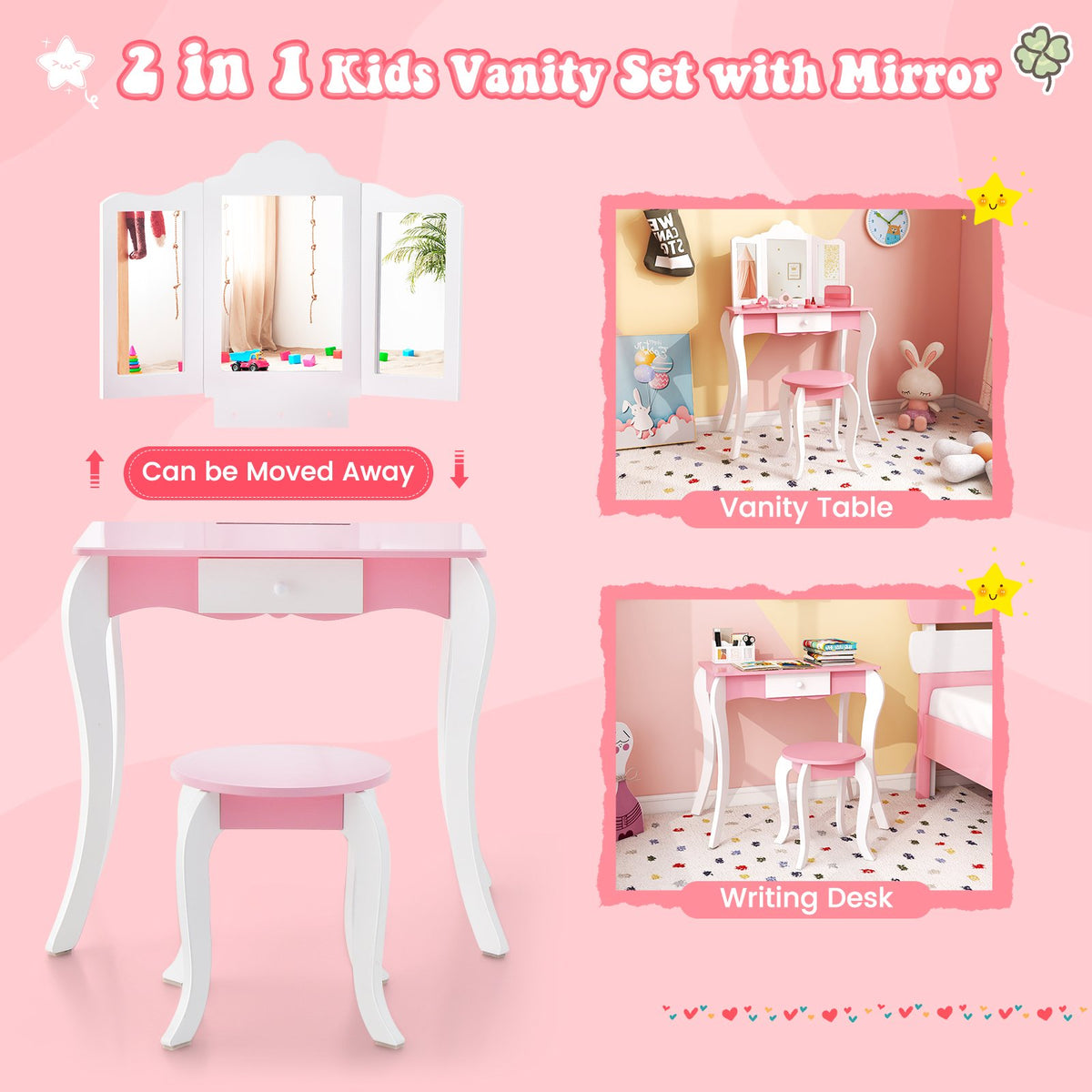 Kid's Wooden Vanity Table and Stool Set, with 3-Panel Acrylic Mirror-White view 6