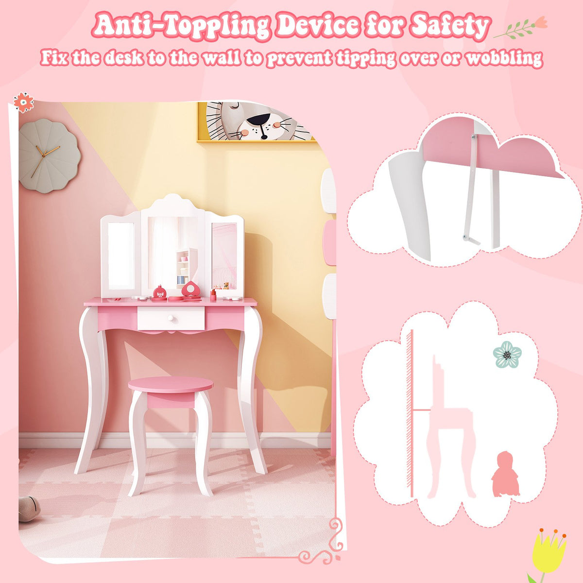 Kid's Wooden Vanity Table and Stool Set, with 3-Panel Acrylic Mirror-White view 8