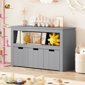 Kid Toy Storage Cabinet Drawer Chest with Wheels and Large Storage Cube Shelf-Gray view 2