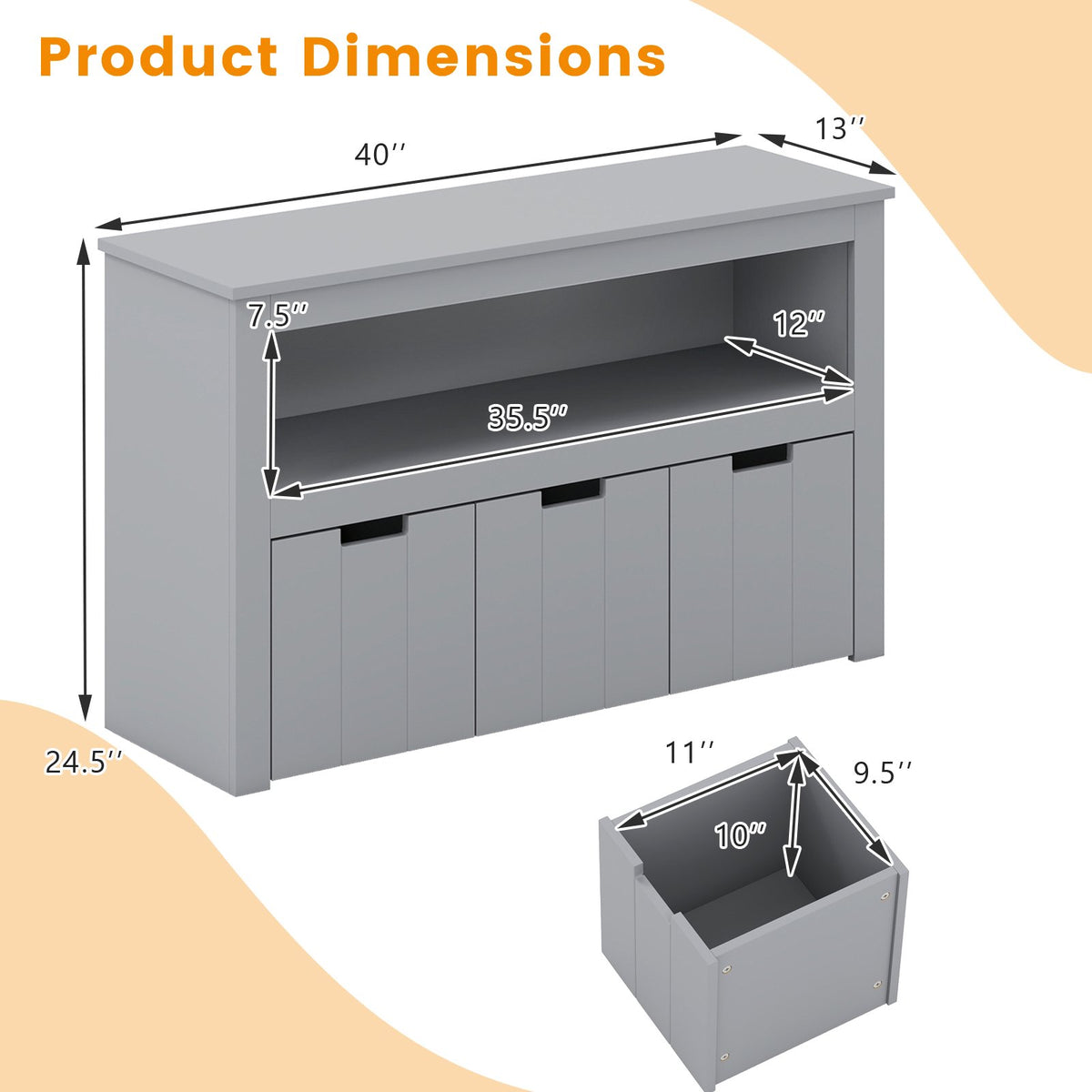 Kid Toy Storage Cabinet Drawer Chest with Wheels and Large Storage Cube Shelf-Gray view 5