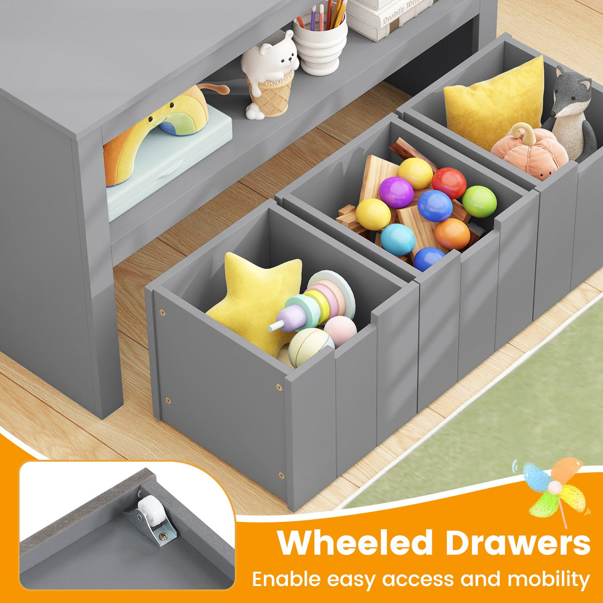 Kid Toy Storage Cabinet Drawer Chest with Wheels and Large Storage Cube Shelf-Gray view 6