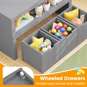 Kid Toy Storage Cabinet Drawer Chest with Wheels and Large Storage Cube Shelf-Gray view 6
