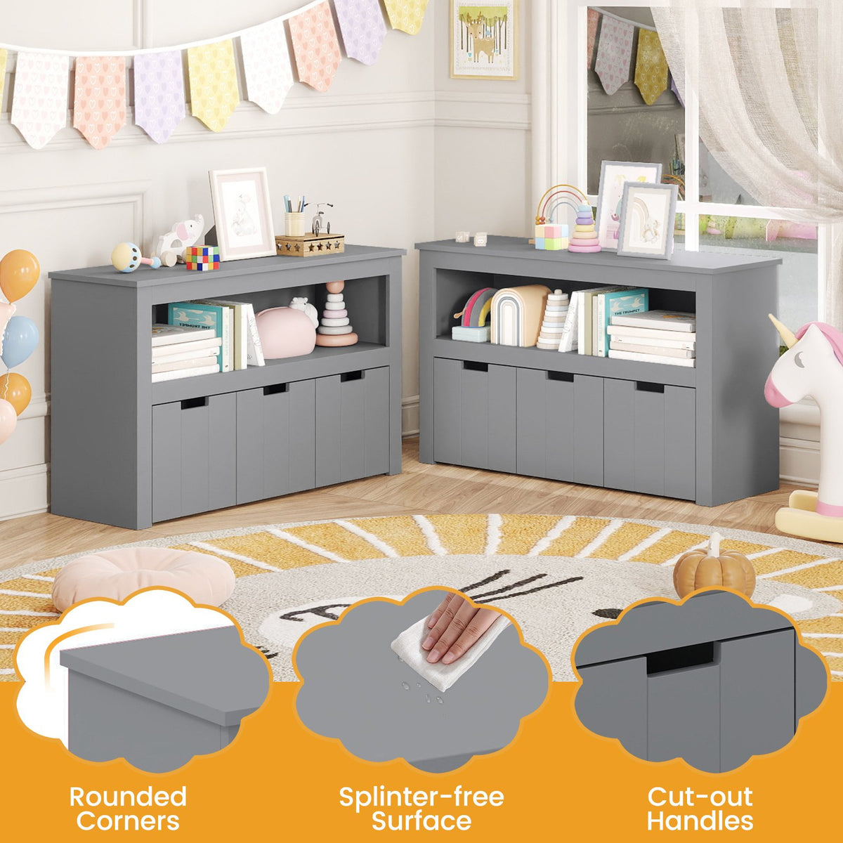 Kid Toy Storage Cabinet Drawer Chest with Wheels and Large Storage Cube Shelf-Gray view 8