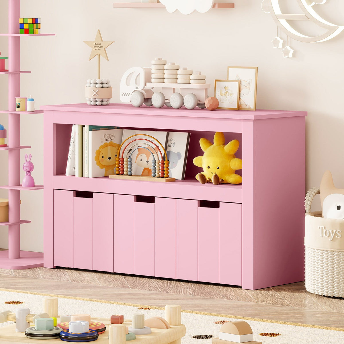 Kid Toy Storage Cabinet Drawer Chest with Wheels and Large Storage Cube Shelf-Pink view 2