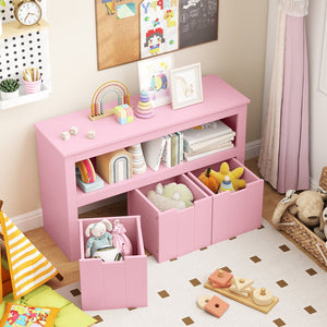Kid Toy Storage Cabinet Drawer Chest with Wheels and Large Storage Cube Shelf-Pink view 3