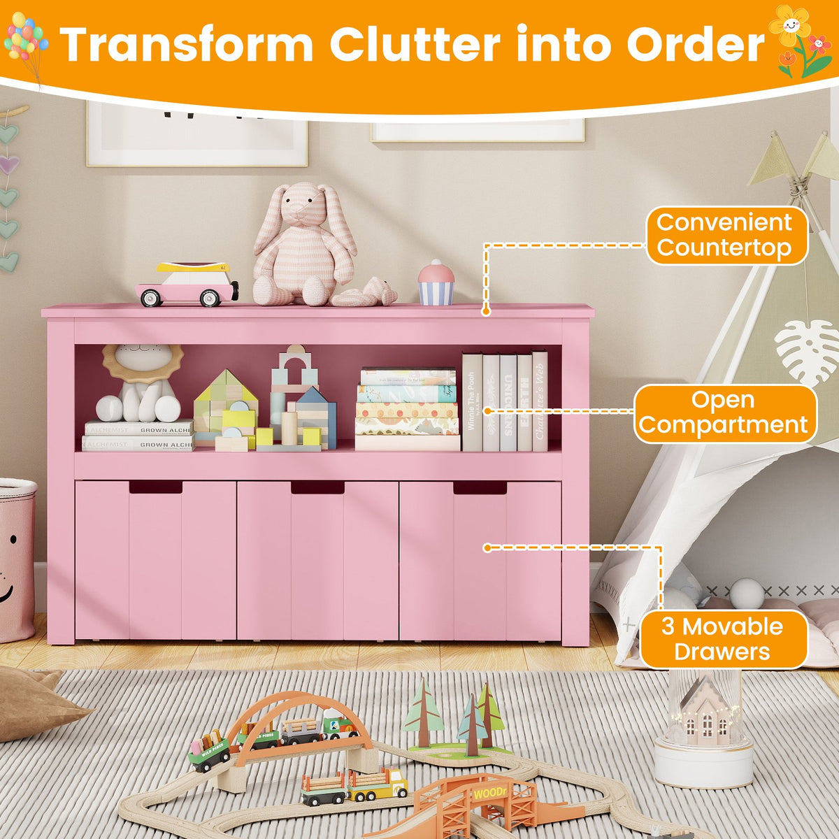 Kid Toy Storage Cabinet Drawer Chest with Wheels and Large Storage Cube Shelf-Pink view 7
