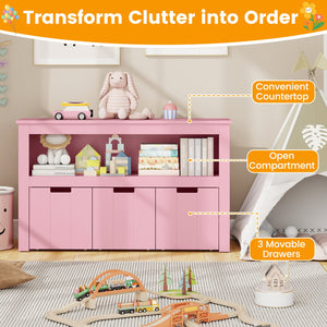 Kid Toy Storage Cabinet Drawer Chest with Wheels and Large Storage Cube Shelf-Pink view 7