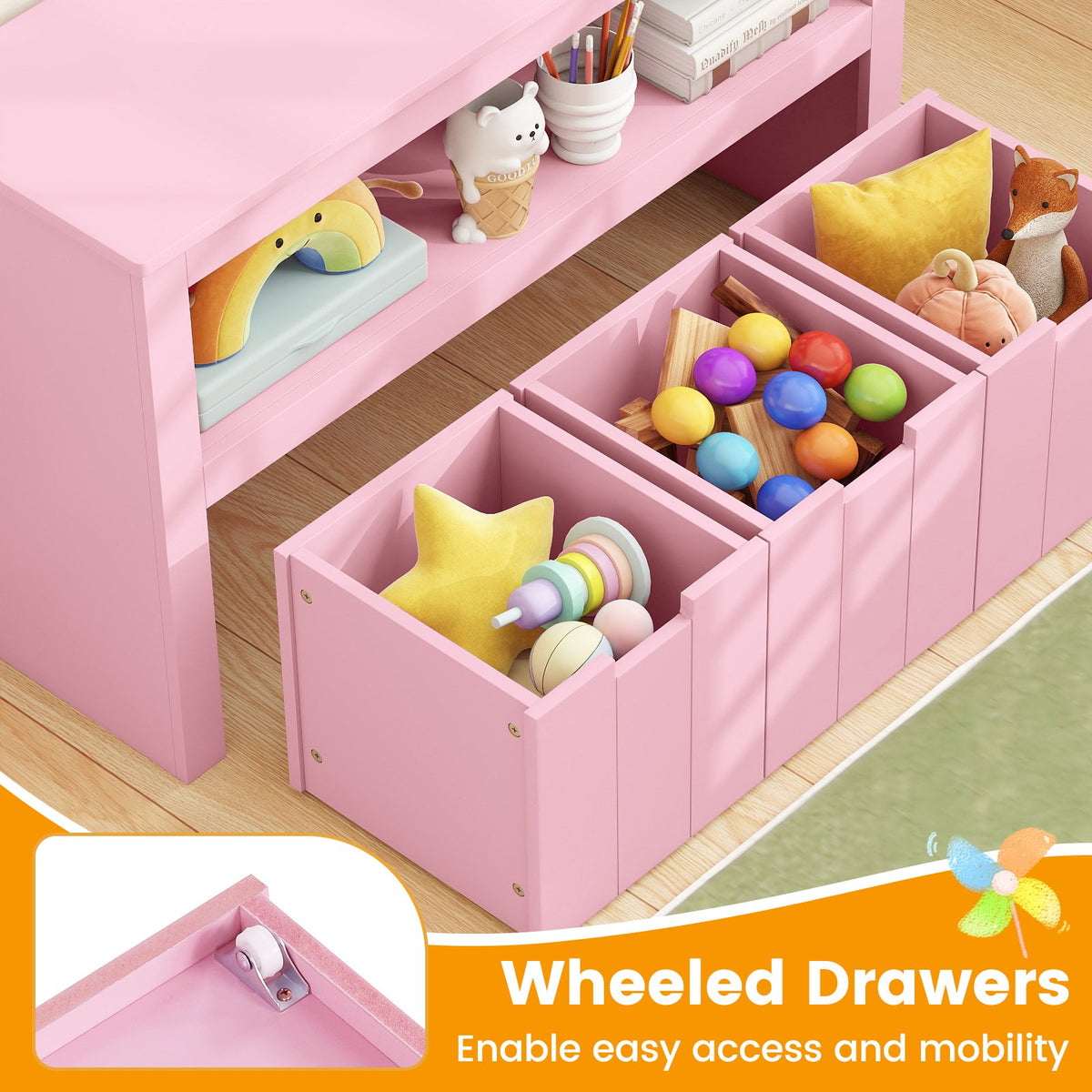 Kid Toy Storage Cabinet Drawer Chest with Wheels and Large Storage Cube Shelf-Pink view 8