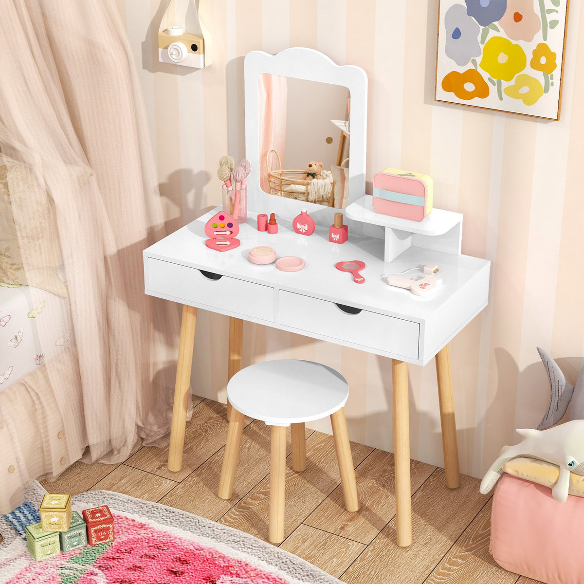 Kid Vanity Table Chair Set with Mirror and 2 Large Storage Drawers-White view 2