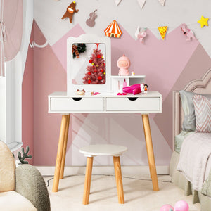 Kid Vanity Table Chair Set with Mirror and 2 Large Storage Drawers-White view 3