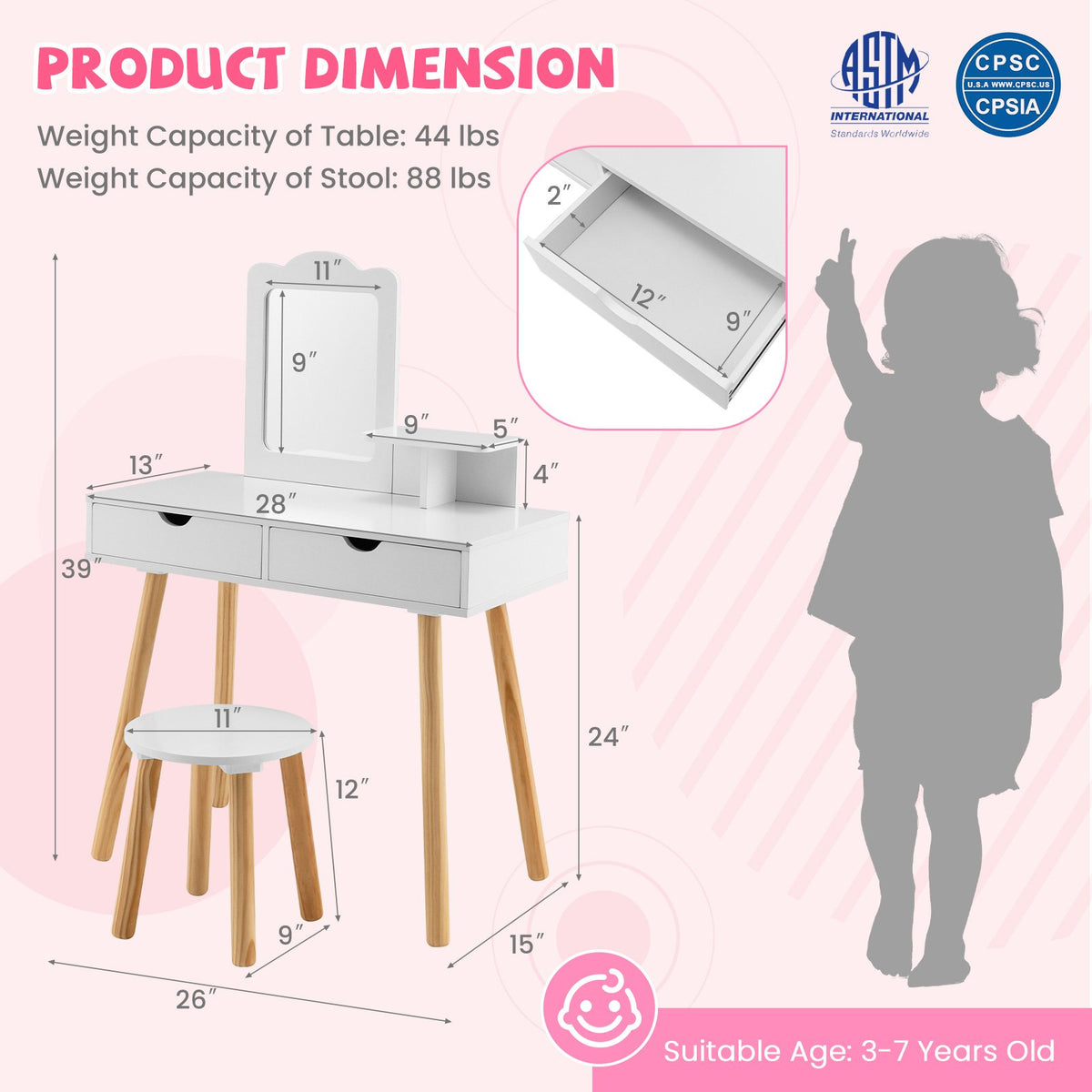 Kid Vanity Table Chair Set with Mirror and 2 Large Storage Drawers-White view 5