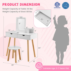 Kid Vanity Table Chair Set with Mirror and 2 Large Storage Drawers-White view 5