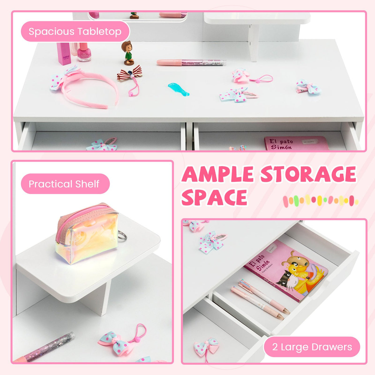 Kid Vanity Table Chair Set with Mirror and 2 Large Storage Drawers-White view 8
