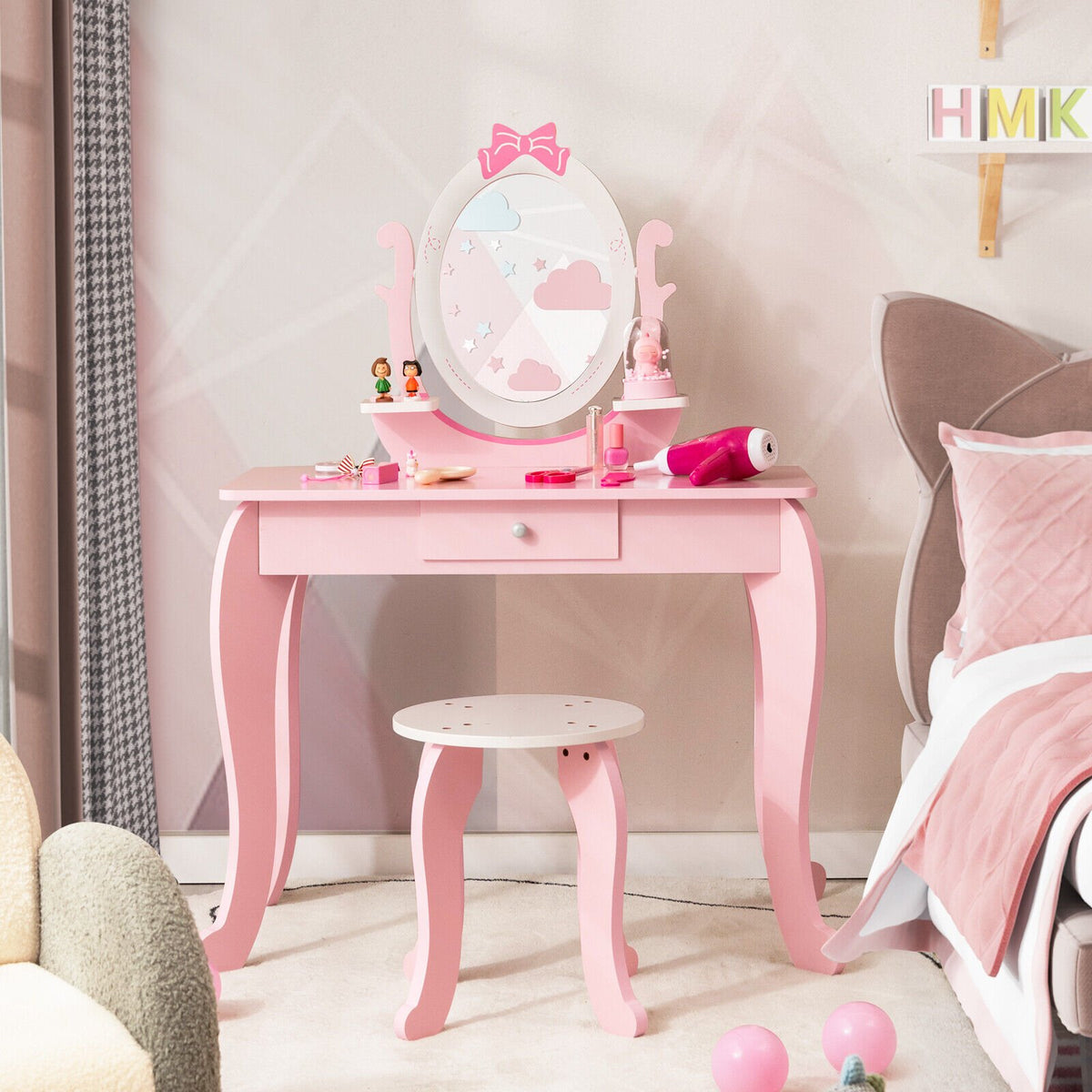 Kid Vanity Table Stool Set with Oval Rotatable Mirror-Pink view 2