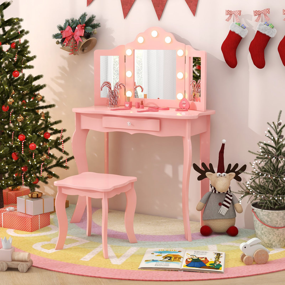 Kid Vanity Table Stool Set with Tri-Folding Mirror and 3-Color LED Lights-Pink view 2