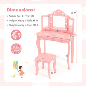 Kid Vanity Table Stool Set with Tri-Folding Mirror and 3-Color LED Lights-Pink view 4