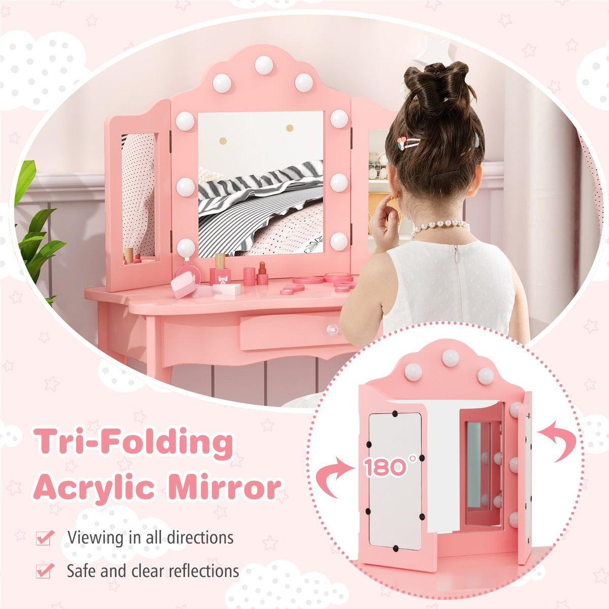 Kid Vanity Table Stool Set with Tri-Folding Mirror and 3-Color LED Lights-Pink view 5