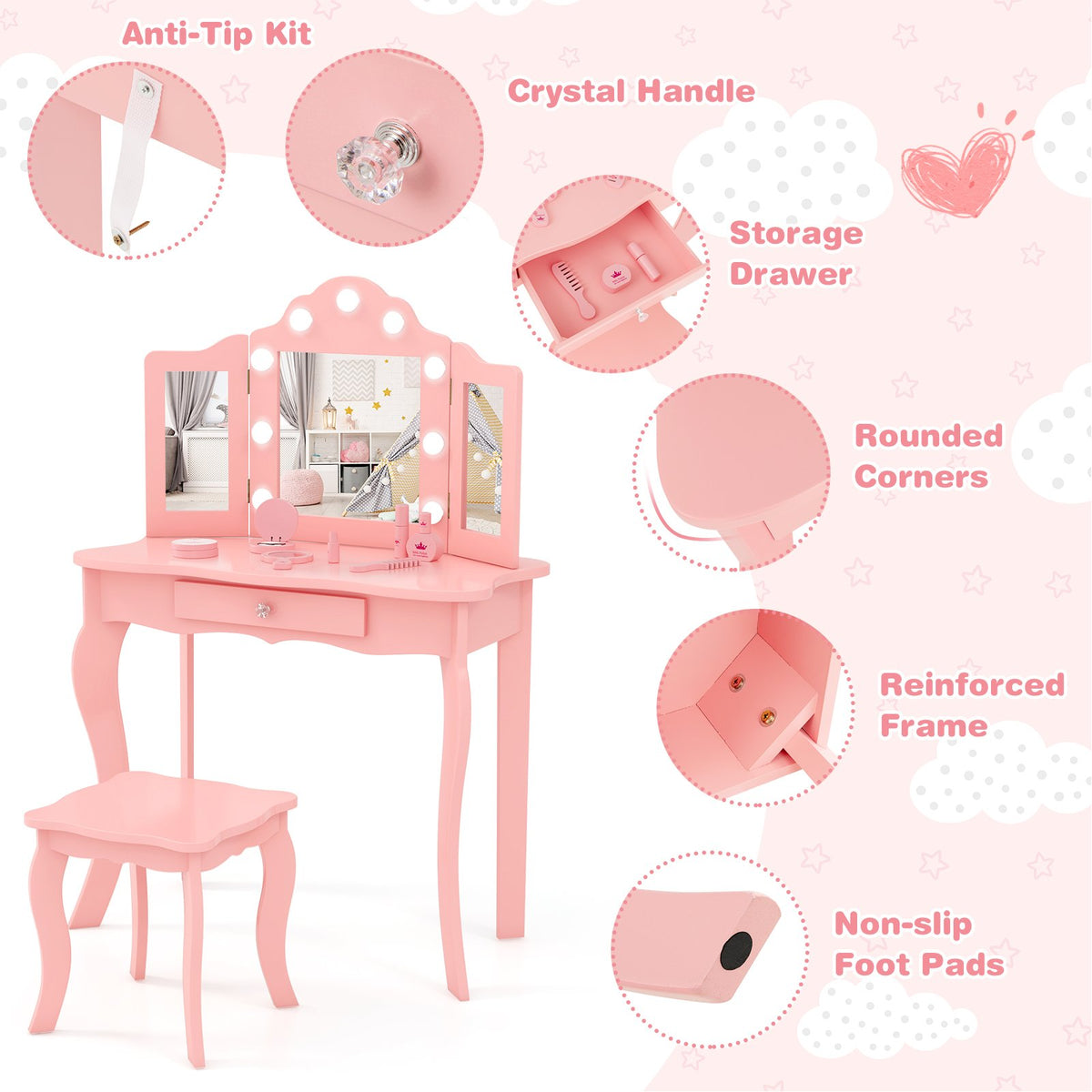 Kid Vanity Table Stool Set with Tri-Folding Mirror and 3-Color LED Lights-Pink view 8