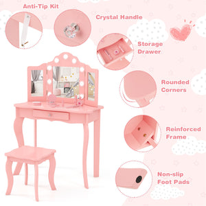 Kid Vanity Table Stool Set with Tri-Folding Mirror and 3-Color LED Lights-Pink view 8