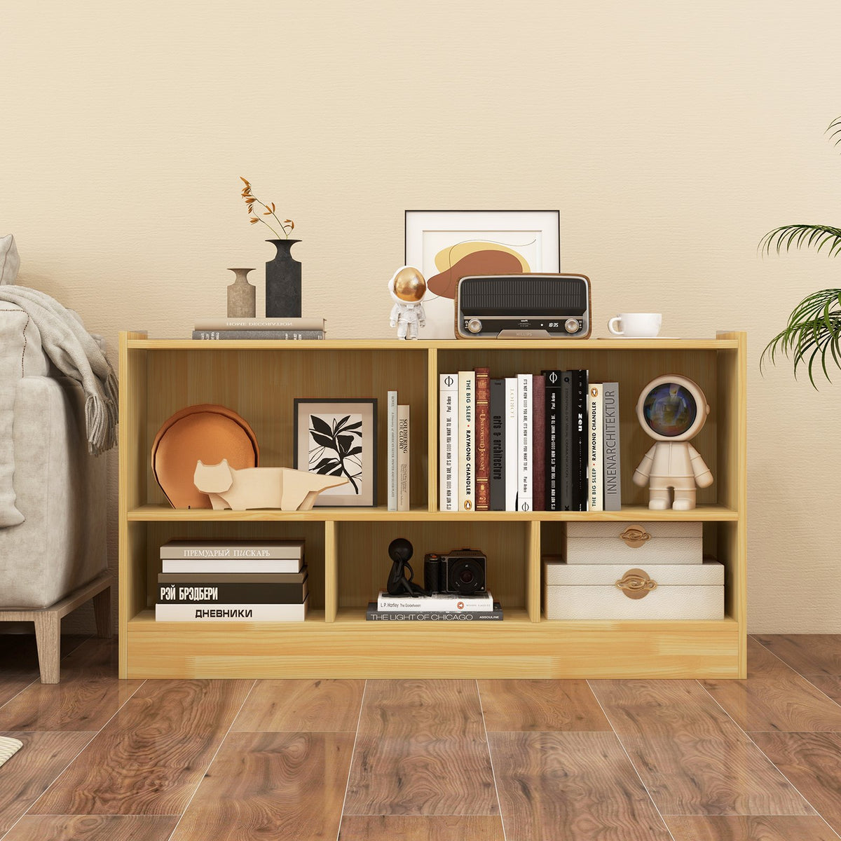 Kids 2-Shelf Bookcase 5-Cube Wood Toy Storage Cabinet Organizer-Beige view 2